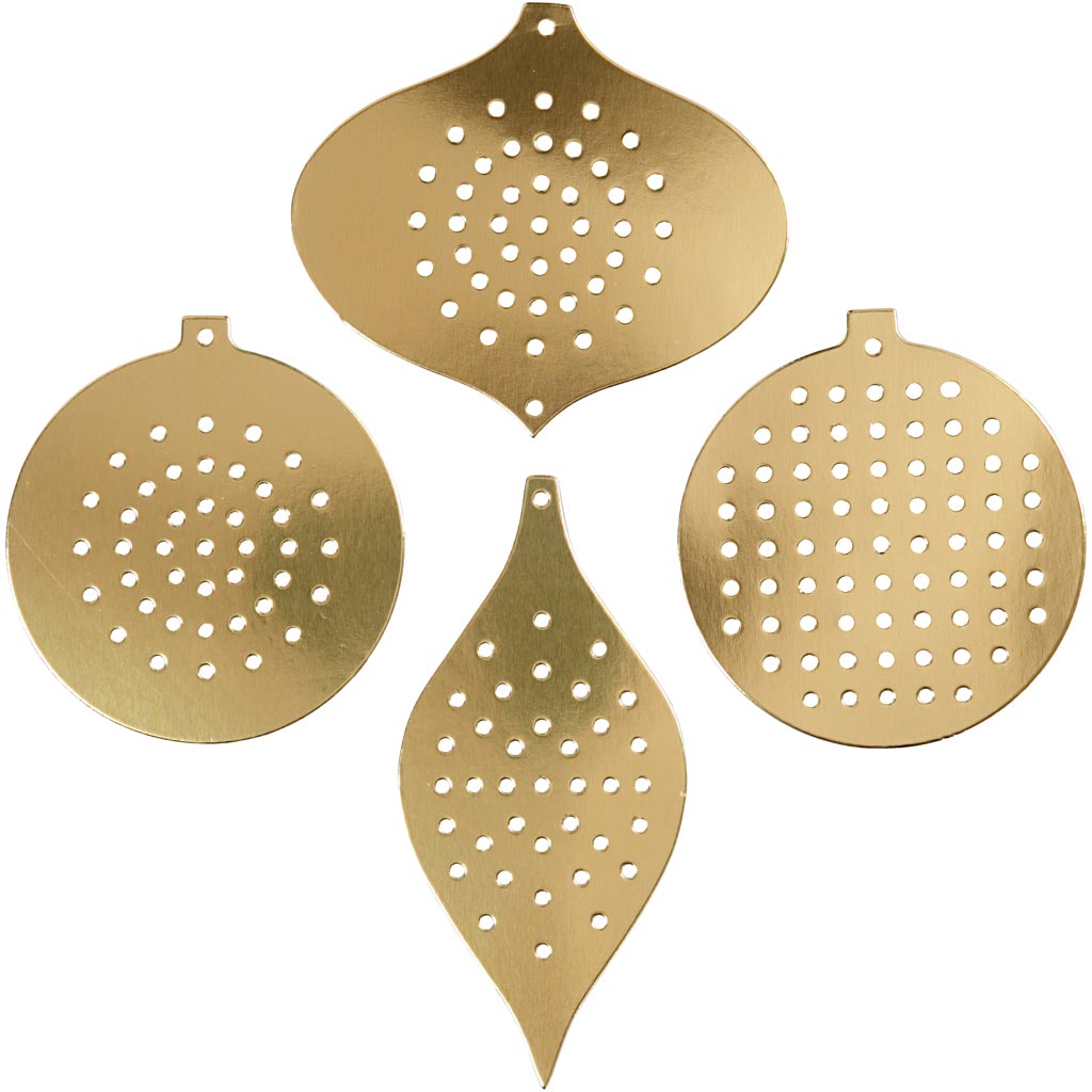 Cross Stitch Card, christmas ornament, H: 8,5-12 cm, hole size 3 mm, metallic gold, 8 pc/ 1 pack