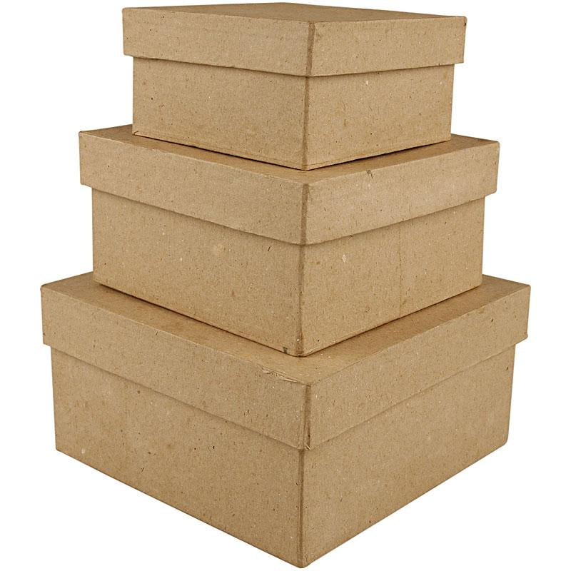 Square, hand-made boxes of papier-mâché
