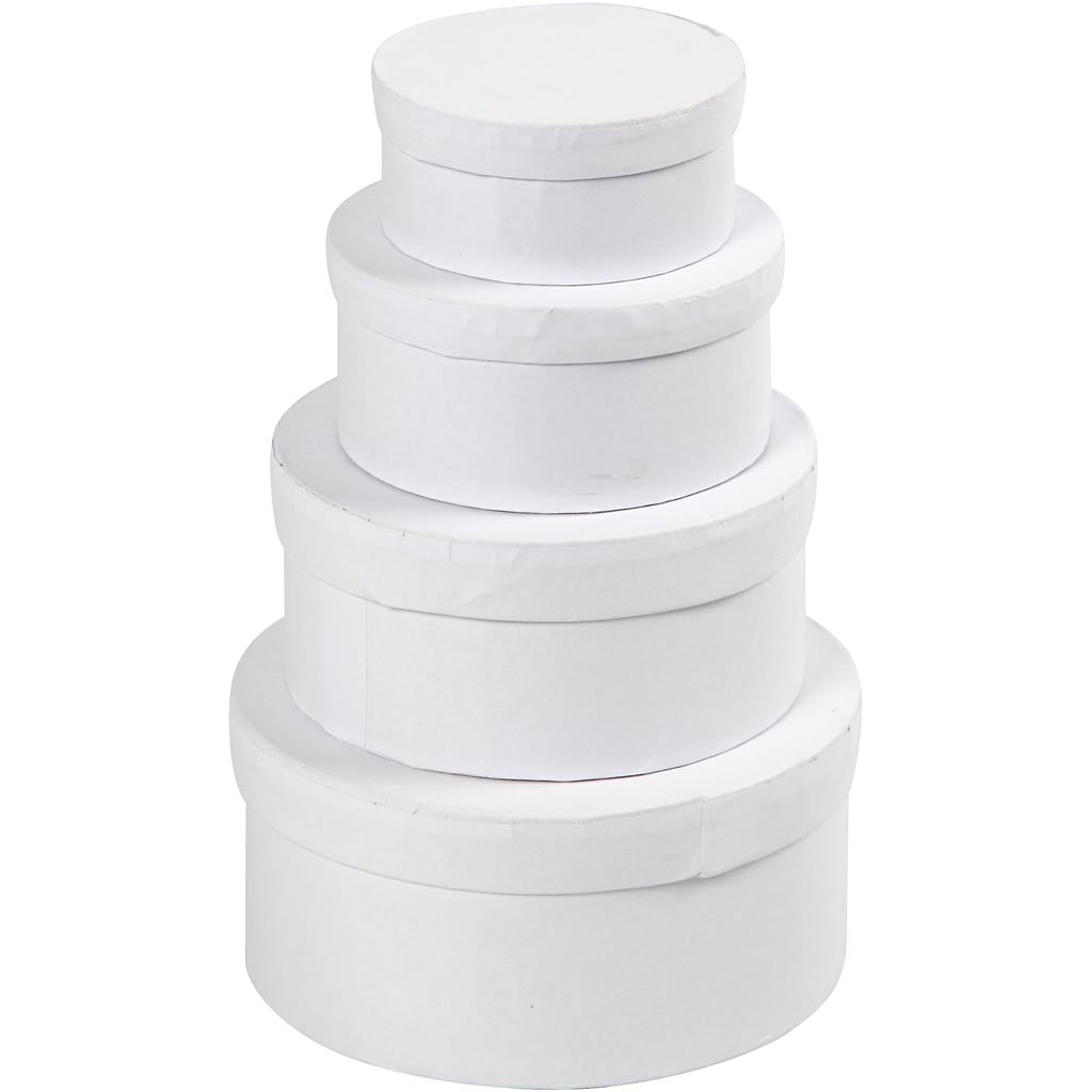 Round Boxes, H: 4+5+6+7 cm, dia. 8+10+12+14 cm, white, 4 pc/ 1 set