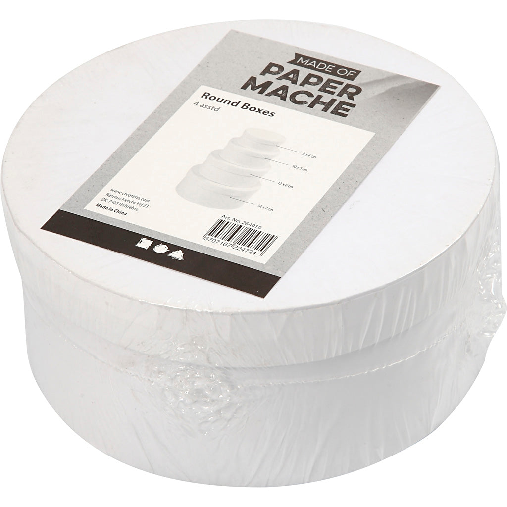 Round Boxes, H: 4+5+6+7 cm, dia. 8+10+12+14 cm, white, 4 pc/ 1 set