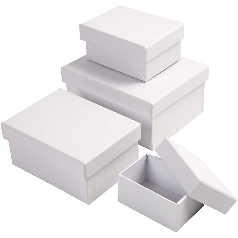 Rectangular Boxes, H: 3,5+4,5+5,5+6,5 cm, size 8,5x11,5+11x14 cm, white, 4 pc/ 1 set