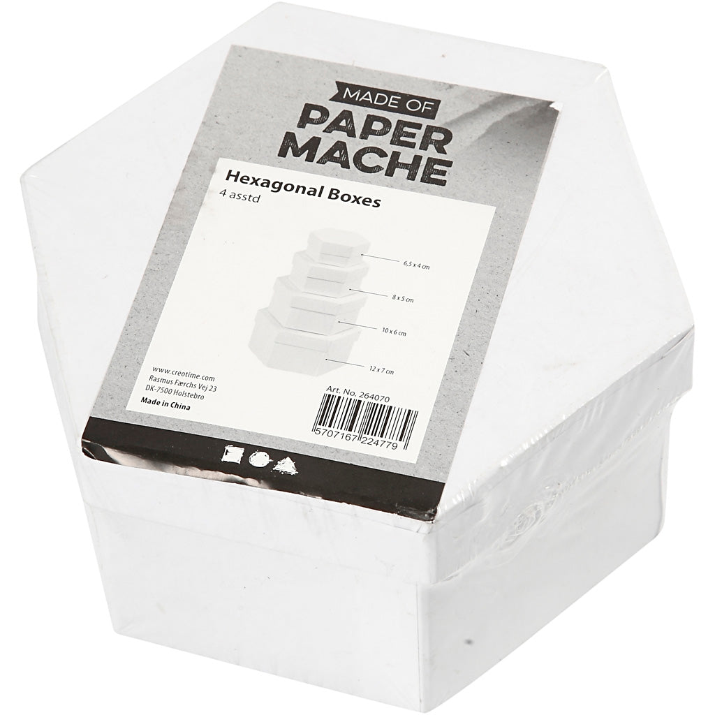 Hexagonal Boxes, H: 4+5+6+7 cm, dia. 6,5+8+10+12 cm, white, 4 pc/ 1 set