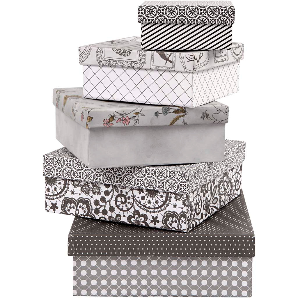 Square Boxes, H: 4,5+5+5,5+6+6,5+7+7,5 cm, size 9+11+13+15+17+19+21 cm, white, 7 pc/ 1 set