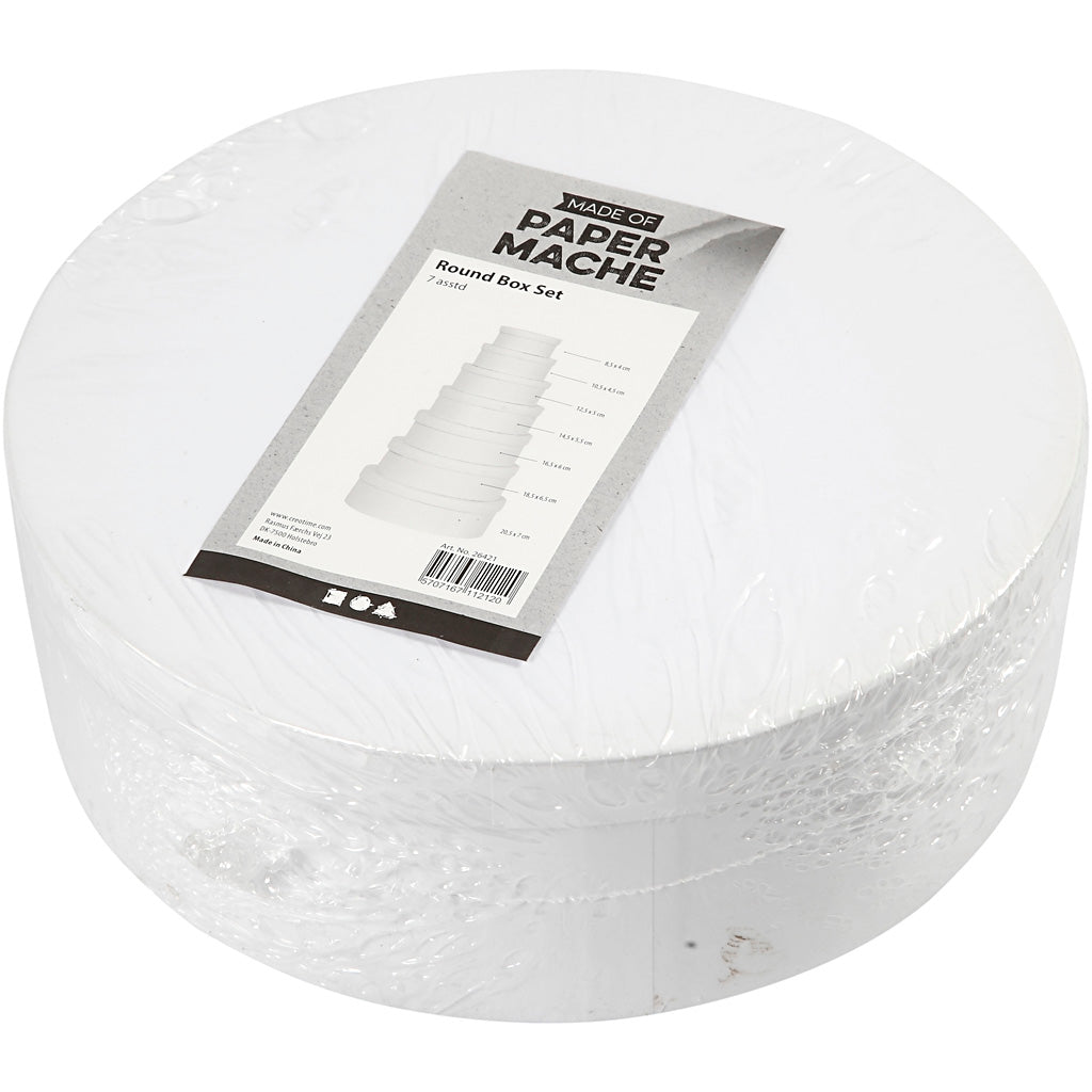 Round Box Set, H: 4+4,5+5+5,5+6+6,5+7 cm, dia. 8,5+10,5+12,5+14,5+16,5+18,5+21,5 cm, white, 7 pc/ 1 set