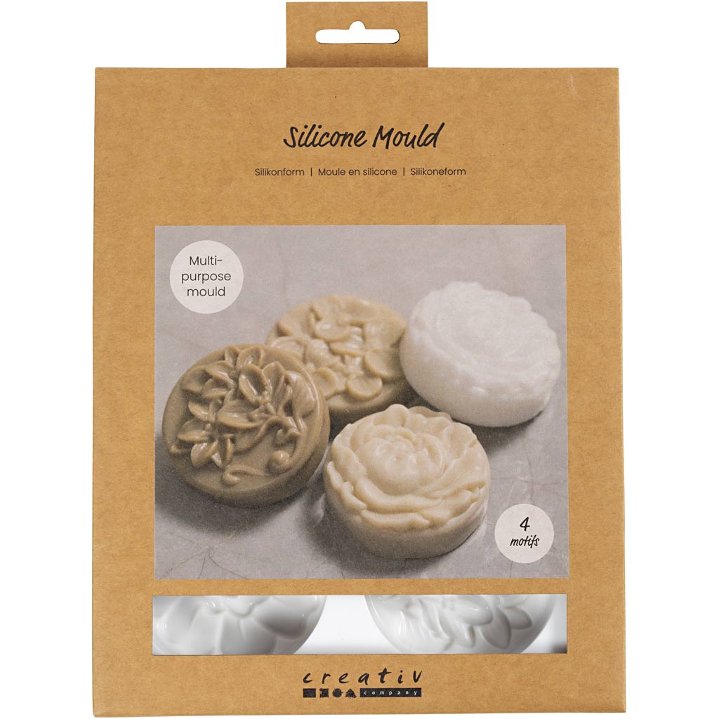 Silicone Mould, Round with flower design , L: 6,8 cm, W: 2,3 cm, 4 pc/ 1 pack