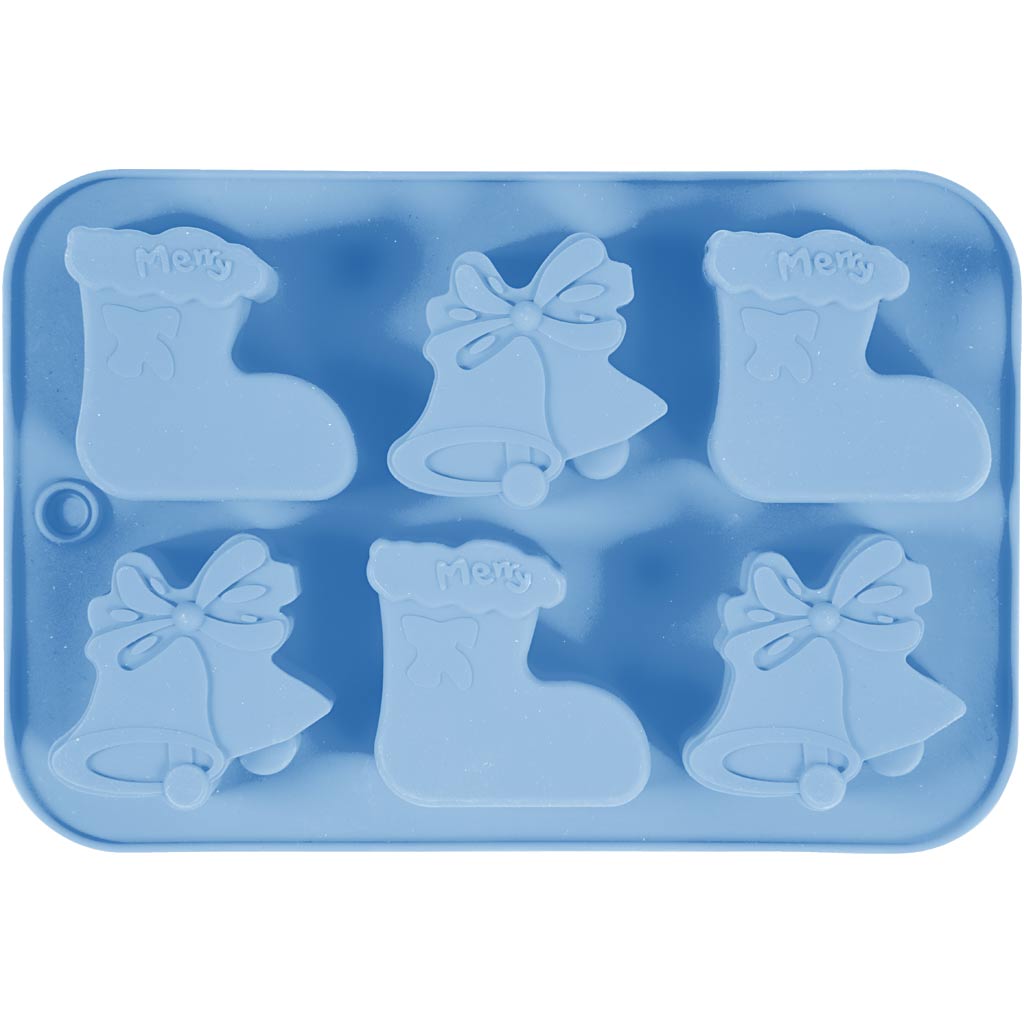 Silicone Mould, christmas stockings and bells, H: 2,5 cm, L: 6 cm, W: 7,5 cm, 12,5 ml, 1 pc