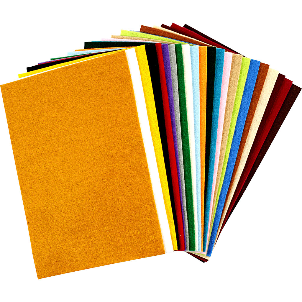 Craft felt, sheet 20x30 cm, thickness 1,5-2 mm, 180-200 g, assorted colours, 24 ass sheets/ 1 pack