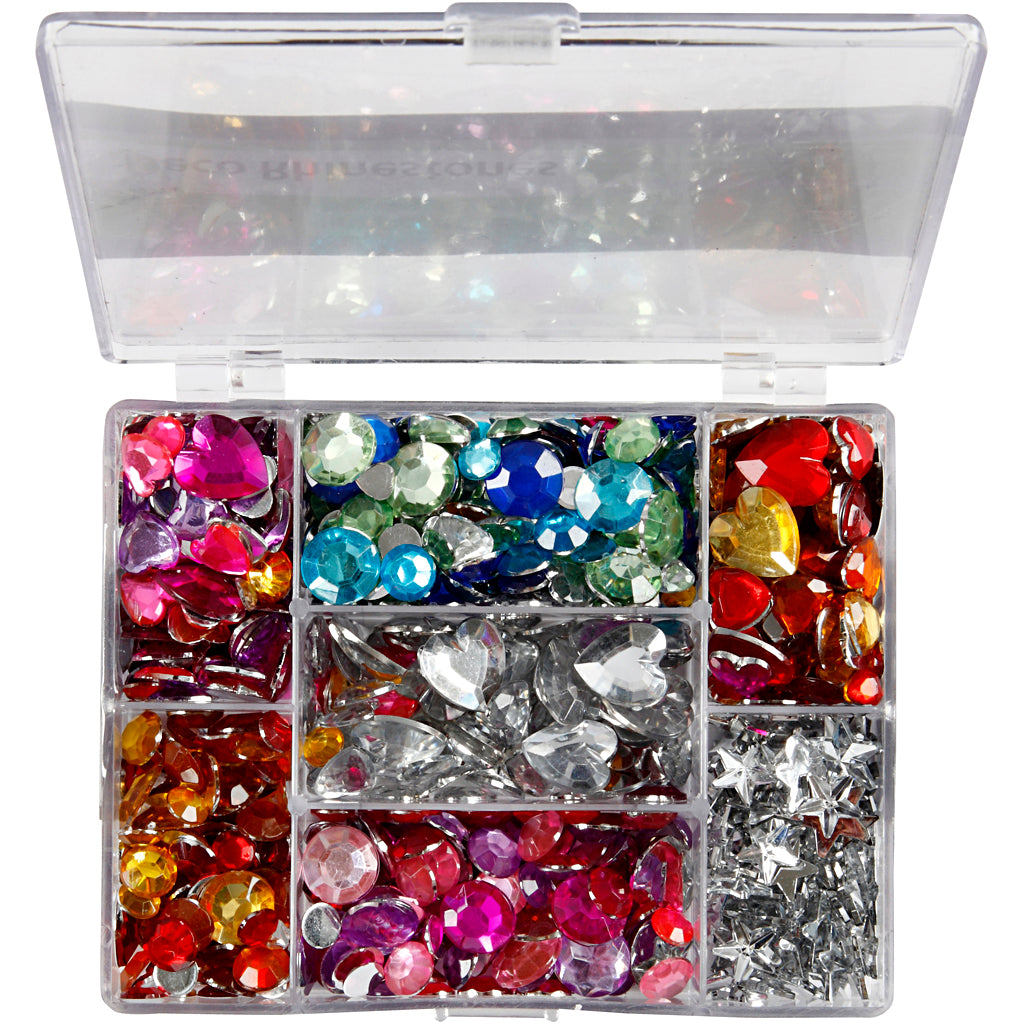 Rhinestones in Display Box, Rounds. stars. hearts, dia. 6+7+9+10+11+12+14+16 mm, blue, pink, silver, 300 pc/ 1 pack