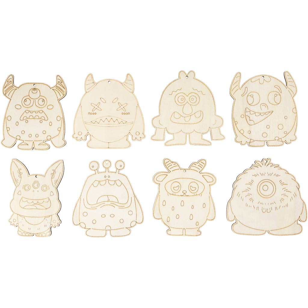Wooden Figures, Monsters, H: 12,4 cm, thickness 3 mm, 8 pc/ 1 pack