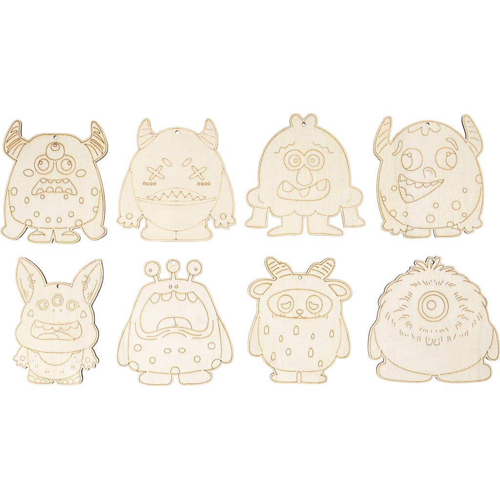 Wooden Figures, Monsters, H: 12,4 cm, thickness 3 mm, 24 pc/ 1 pack