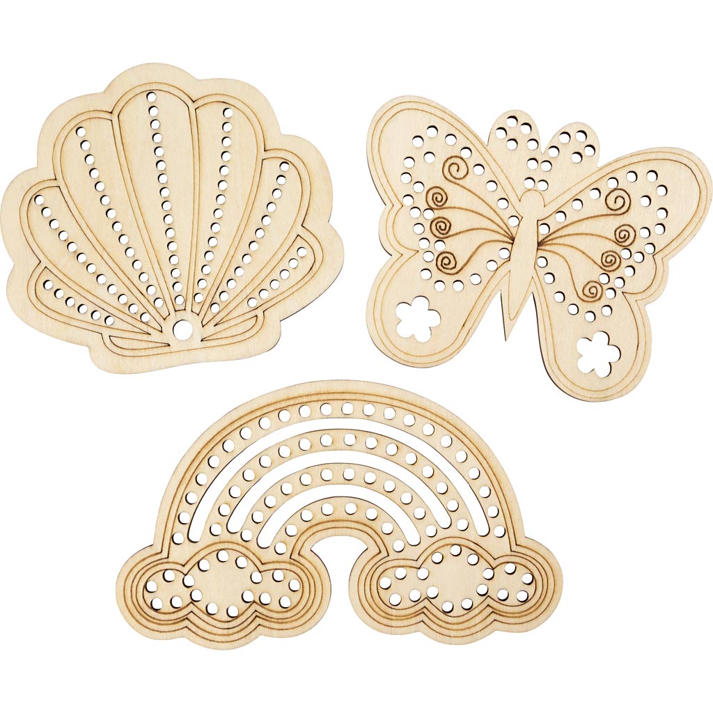 Wooden Shape with Holes, Rainbow, shell, butterfly, size 7,5-13 cm, 24 pc/ 1 pack