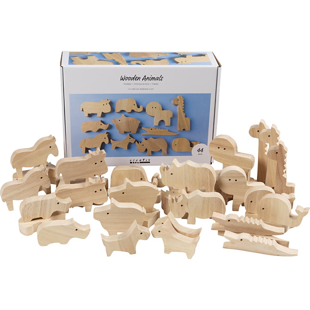 Wooden Animals, Farm and safari, H: 3-14,5 cm, thickness 2 cm, 44 pc/ 1 pack