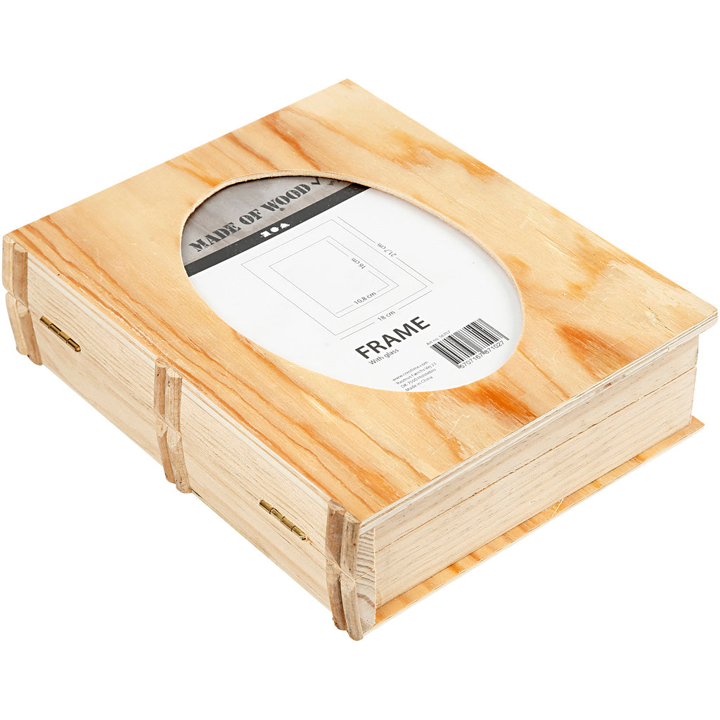 Wooden box in a book shape .