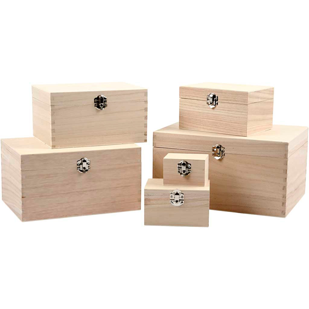 Square wood boxes with metal clasp - set of 6 different sizes