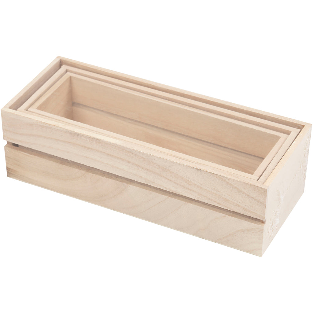 Wood Boxes, H: 6,5+7+7,5 cm, L: 22+23,5+25 cm, W: 7+8,5+10 cm, 3 pc/ 1 set