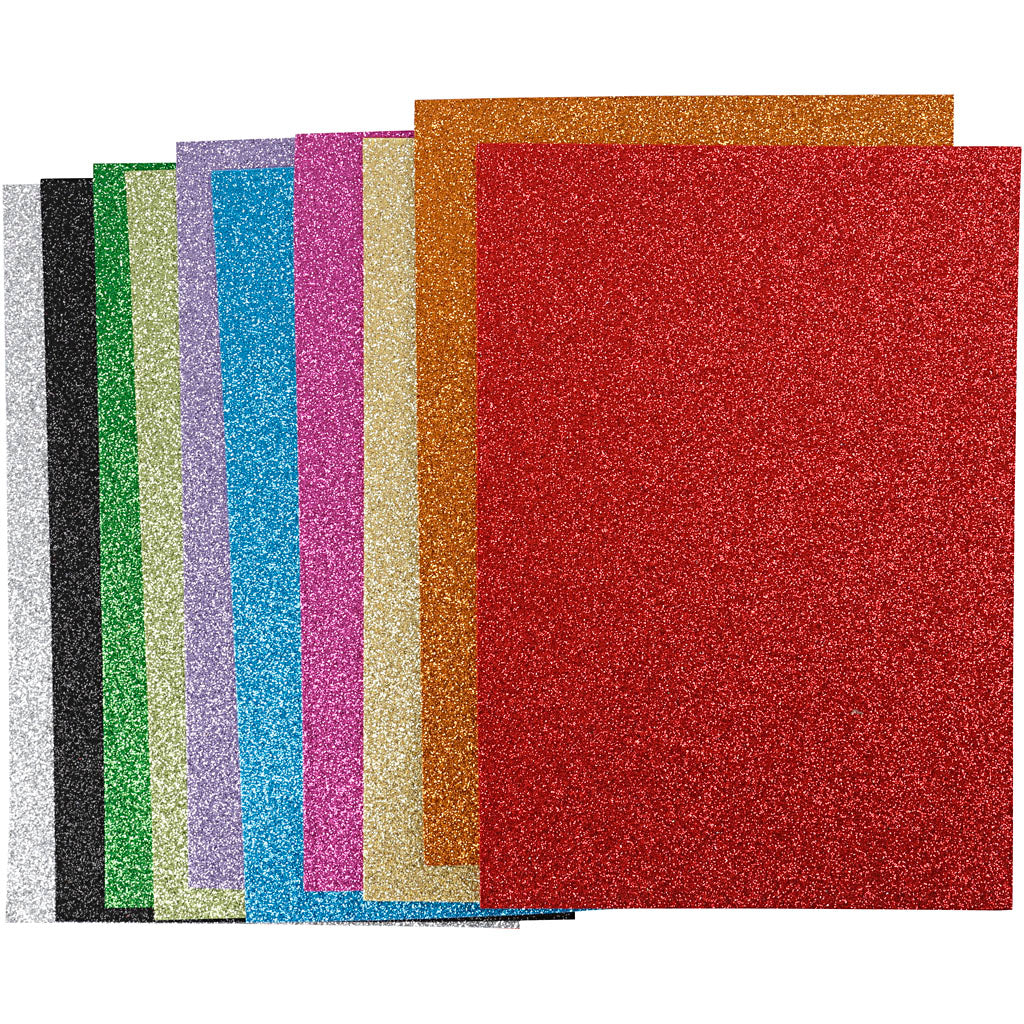 EVA Foam Sheets, A4, sheet 210x297 mm, thickness 2 mm, glitter, assorted colours, 10 ass sheets/ 1 pack