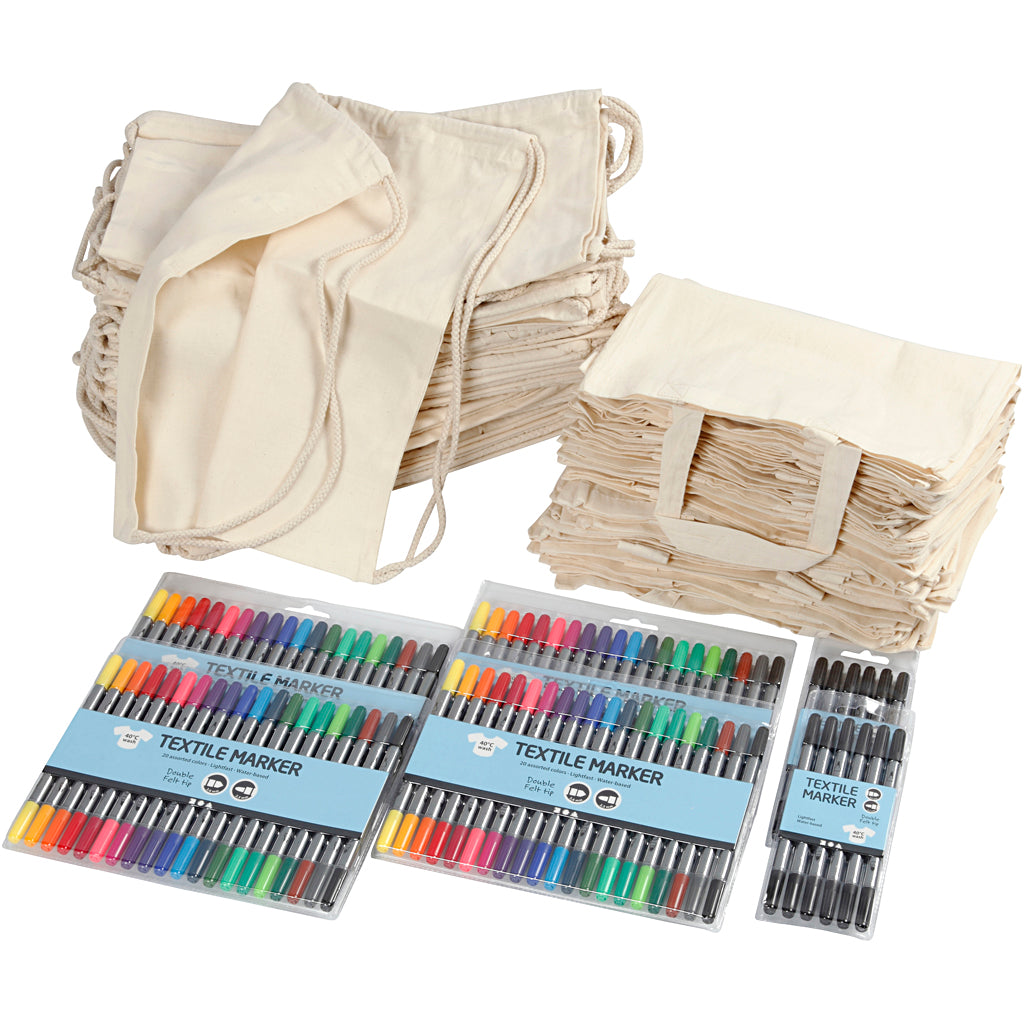Drawstring and shopping bags with marker, size 27,5x30 cm, assorted colours, 1 set
