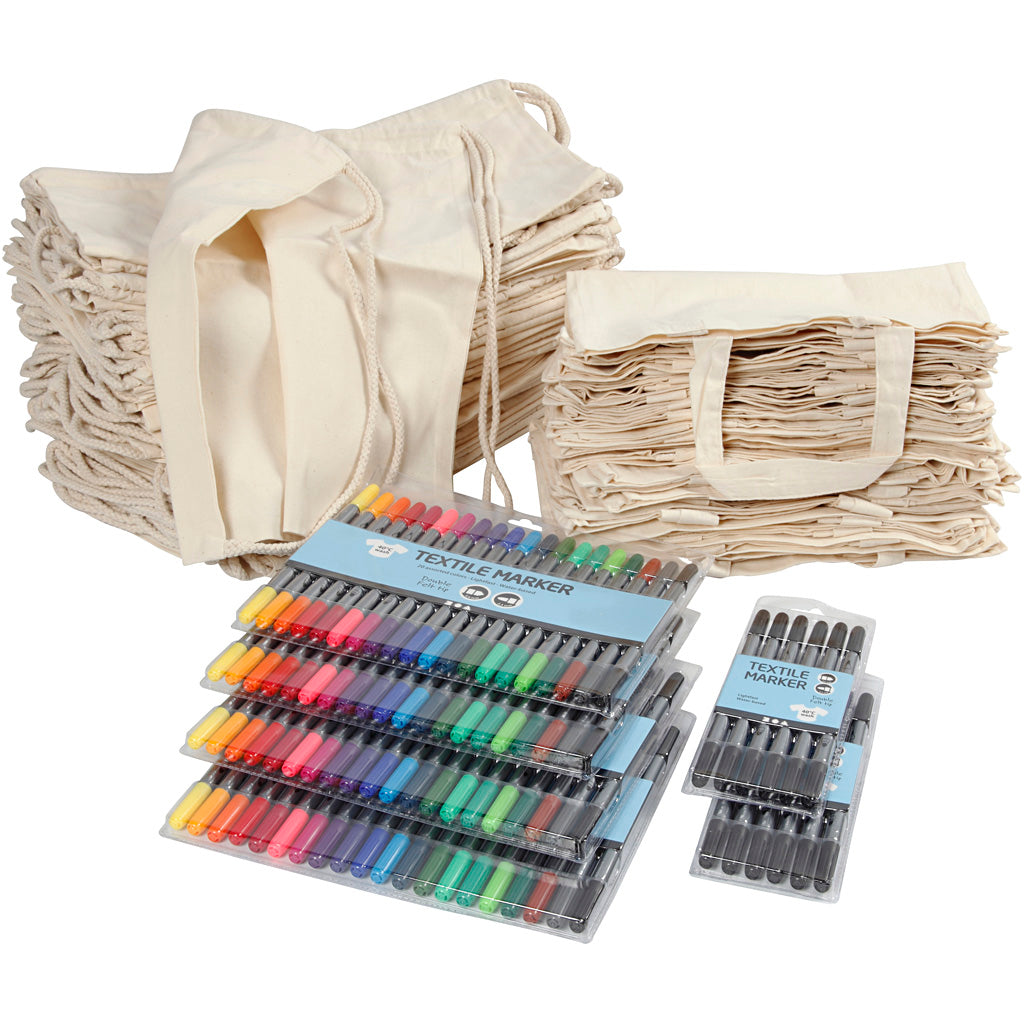 Drawstring and shopping bags with marker, size 27,5x30 cm, assorted colours, 1 set