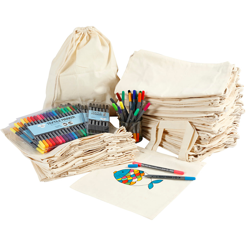 Drawstring and shopping bags with marker, size 27,5x30 cm, assorted colours, 1 set