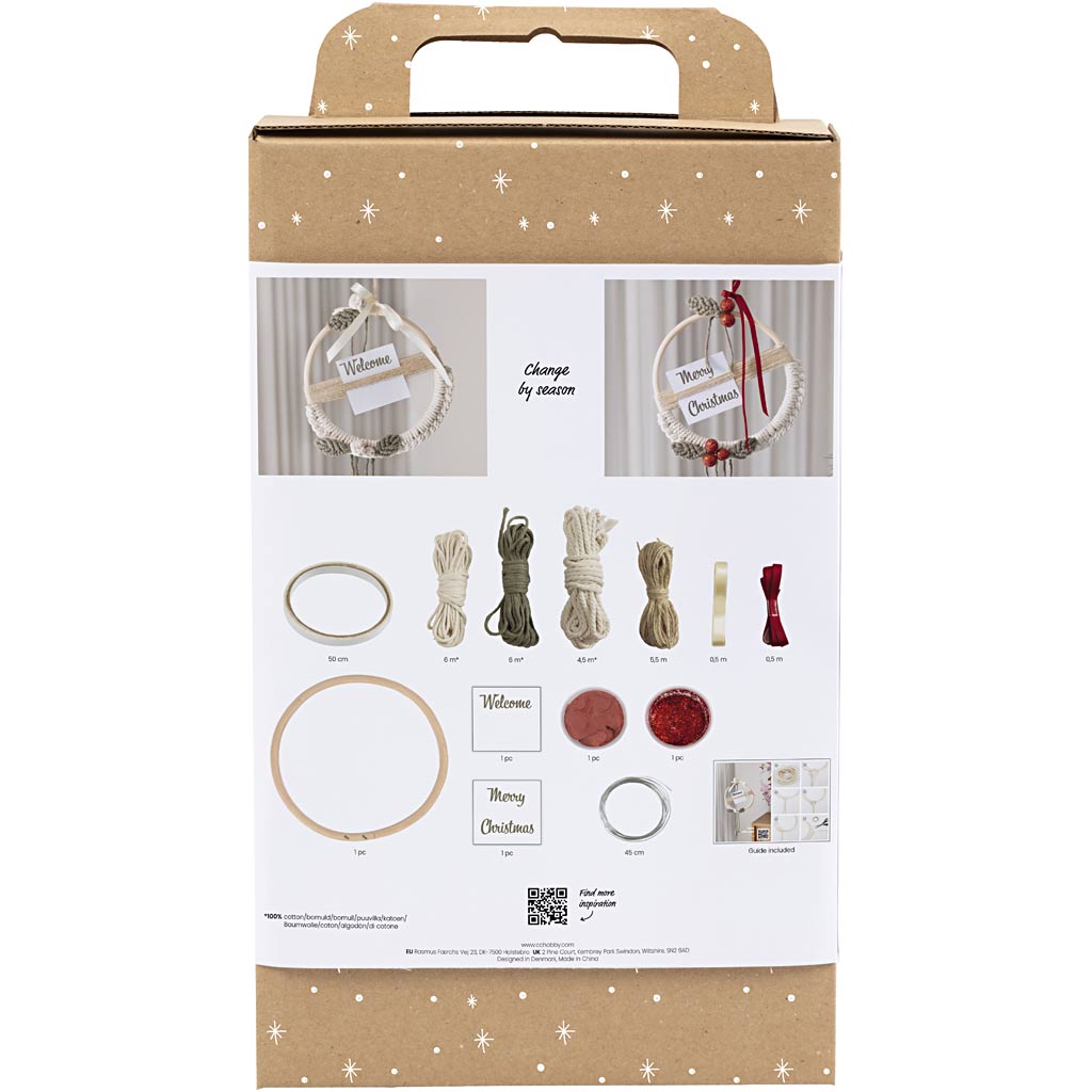 Craft Kit Macramé, Christmas wreath, moss green, christmas red, off-white
