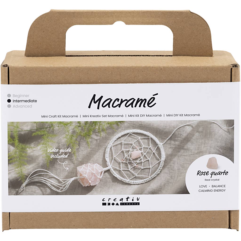 Mini Craft Kit Macramé, Dreamcatcher with rose quartz crystal, light rose, white