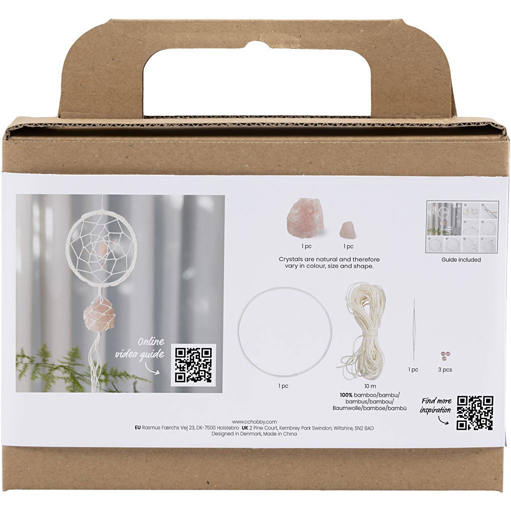 Mini Craft Kit Macramé, Dreamcatcher with rose quartz crystal, light rose, white
