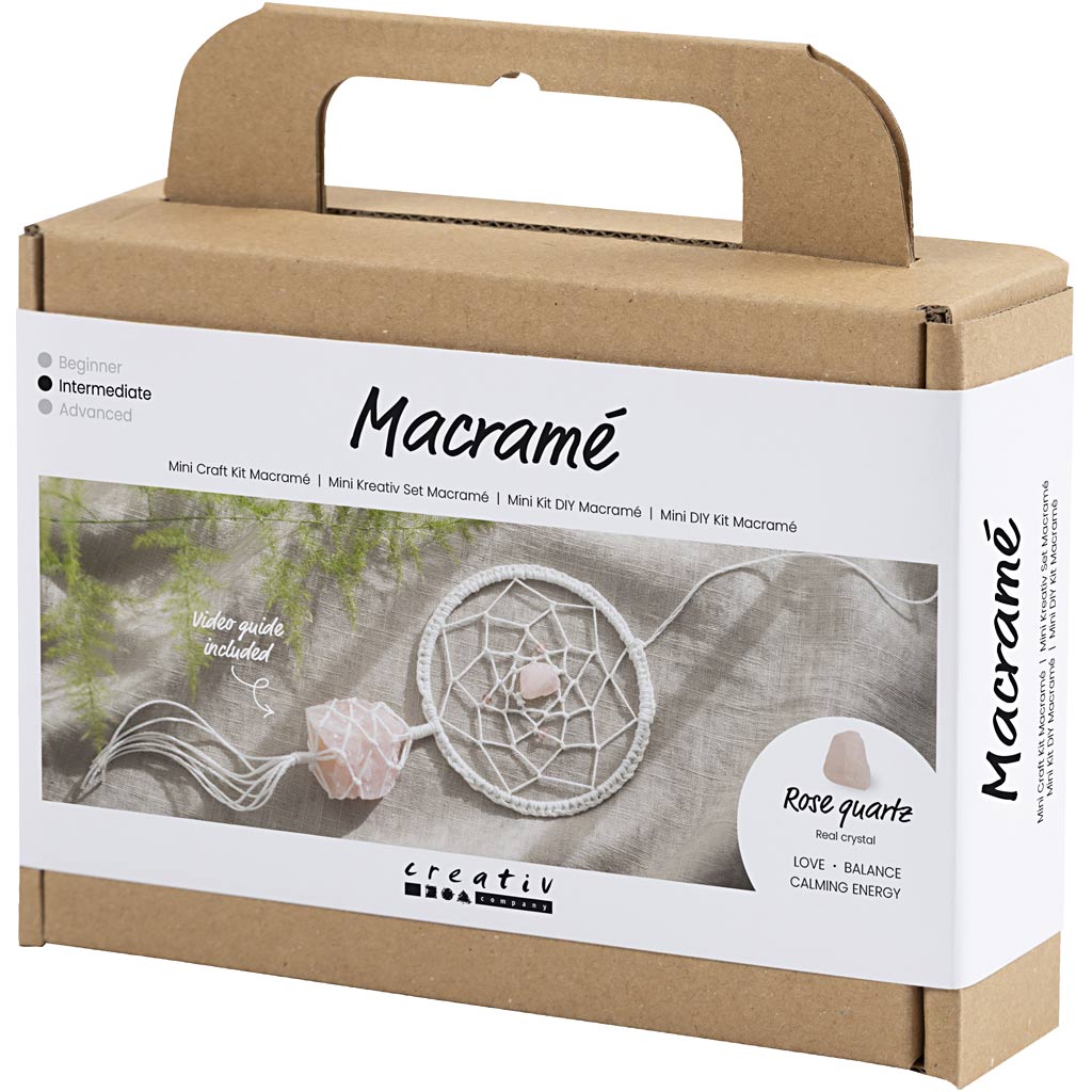 Mini Craft Kit Macramé, Dreamcatcher with rose quartz crystal, light rose, white
