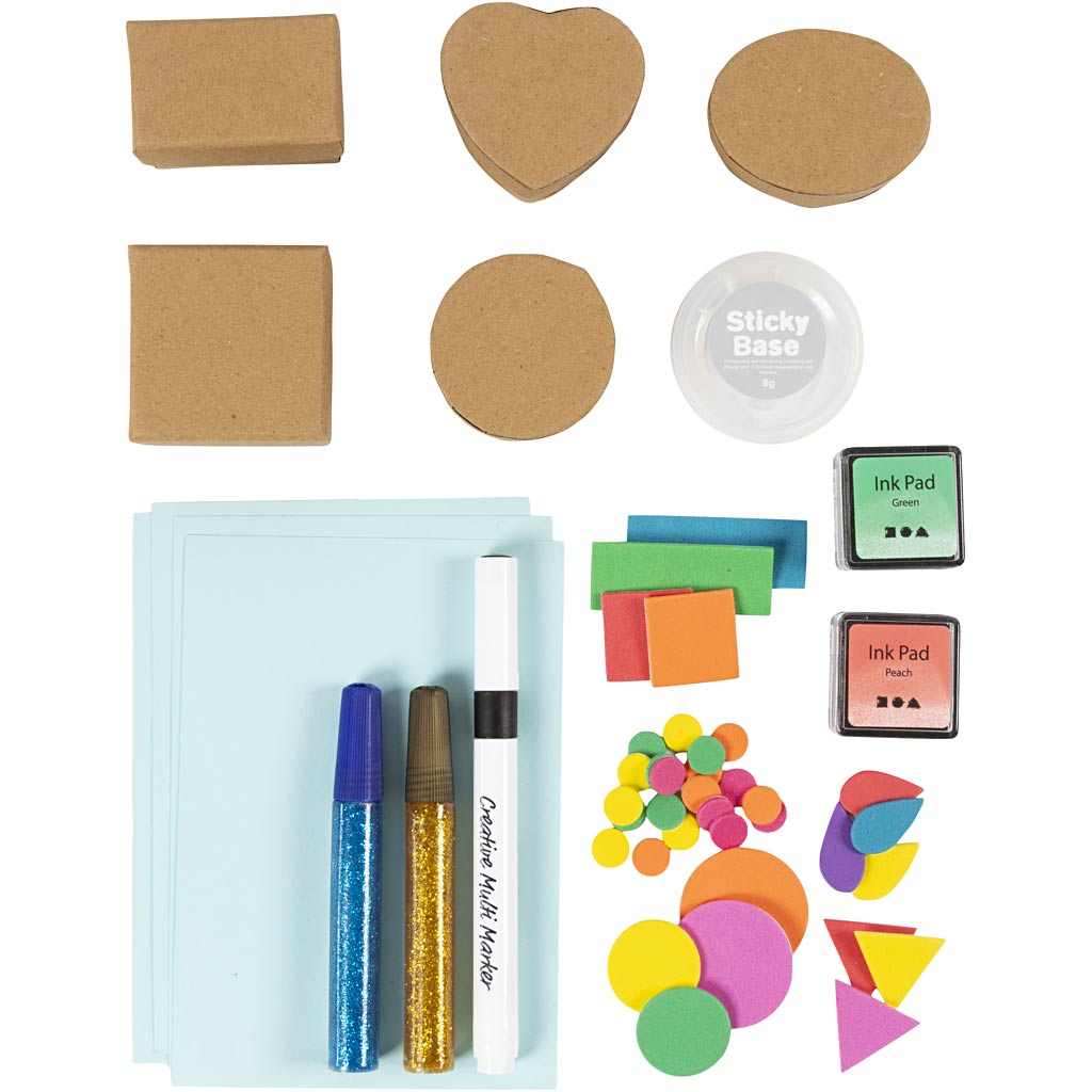 Craft Kit Foam Printing, Decorated boxes and cards, beige, mid-green, mint, clear red