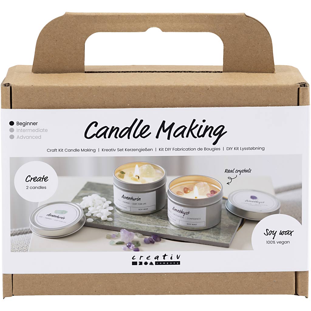 Mini Craft Kit Candle Making, Soy candle with aventurin and amethyst, cream, off white
