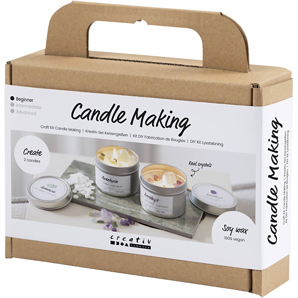 Mini Craft Kit Candle Making, Soy candle with aventurin and amethyst, cream, off white
