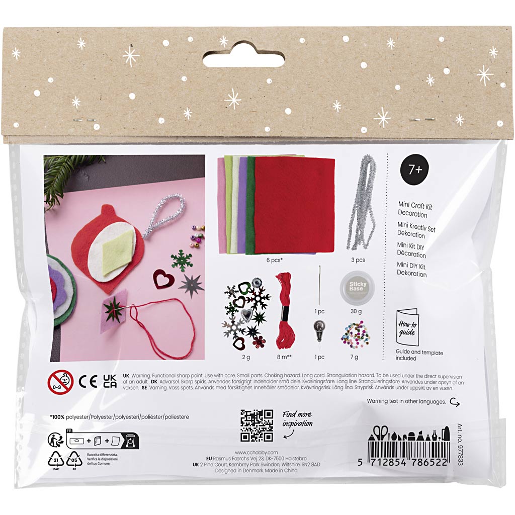 Mini Craft Kit Decoration, Felt Christmas decorations, assorted colours, 1 pack