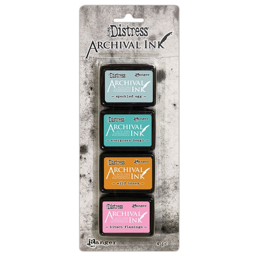 Tim Holtz - Distress Archival Mini Ink Kit 4 - Speckled Egg/Evergreen Bough/Wild Honey/Kitsch Flamingo