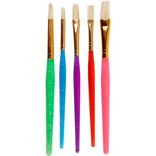 Kids Paint Brushes, no. 8+12+18, L: 14-16 cm, W: 5-10 mm, flat,round, assorted colours, 5 pc-