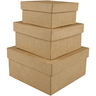 Square, hand-made boxes of papier-mâché