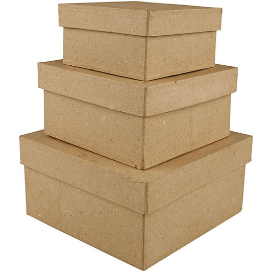 Square, hand-made boxes of papier-mâché