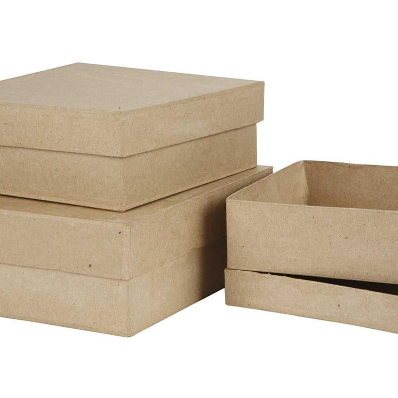 Square, hand-made boxes of papier-mâché