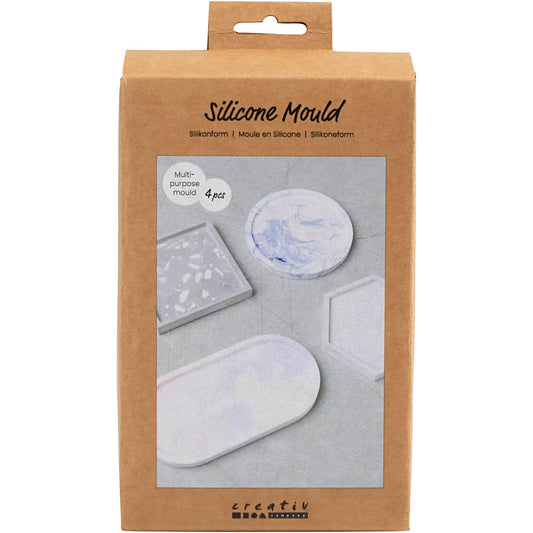 Silicone Mould, Square, circle, hexagon and oval, H: 1-1,5 cm, dia. 9-11,2 cm, 4 pc/ 1 pack