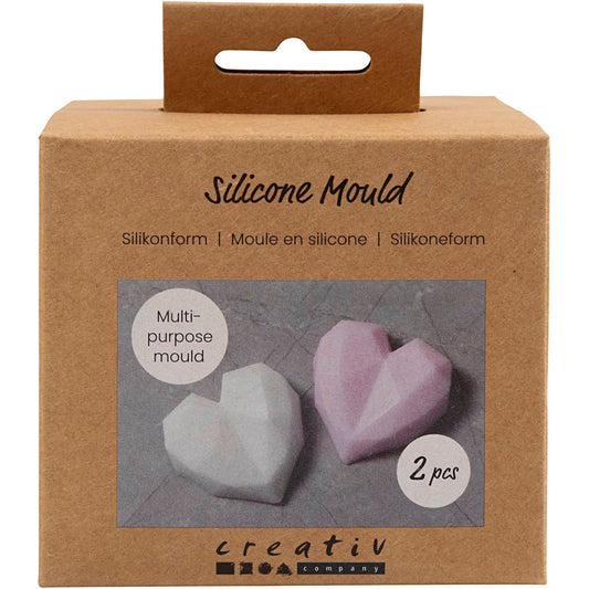 Silicone Mould, Faceted heart, H: 2 cm, L: 6 cm, W: 5,8 cm, 2 pc/ 1 pack