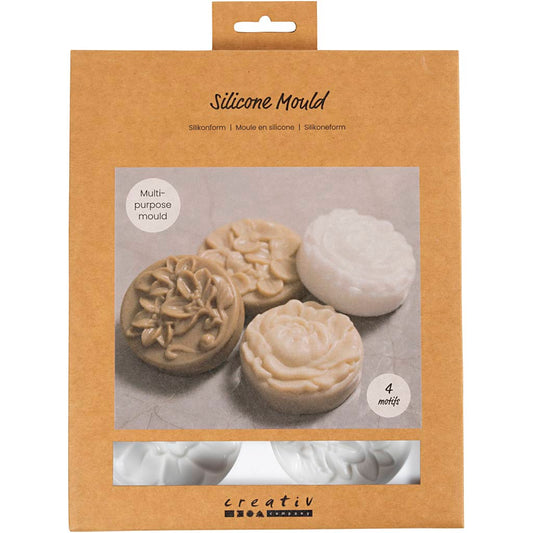 Silicone Mould, Round with flower design , L: 6,8 cm, W: 2,3 cm, 4 pc/ 1 pack