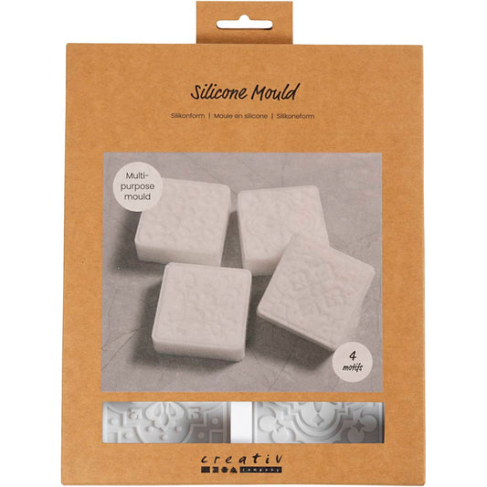 Silicone Mould, Square with graphic design, H: 2,4 cm, L: 6,8 cm, W: 6,8 cm, 4 pc/ 1 pack