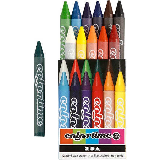 Colortime Wax Crayons, L: 10 cm, thickness 11 mm, assorted colours, 12 pc-