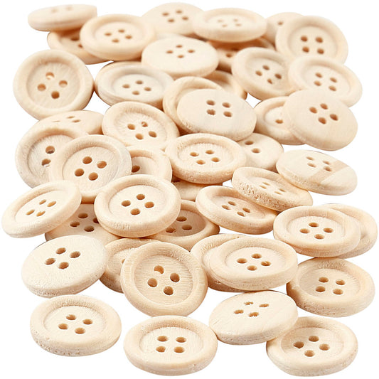 Wooden Buttons, dia. 15 mm, 4 holes, 50 pc/ 1 pack