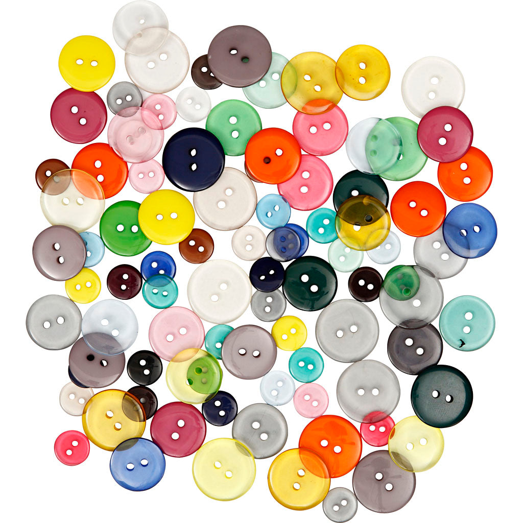 Buttons, dia. 12+18+20 mm, assorted colours, 50 g, 100 pc/ 1 pack