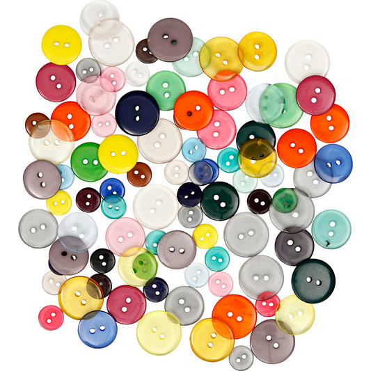 Buttons, dia. 12+18+20 mm, assorted colours, 50 g, 100 pc/ 1 pack