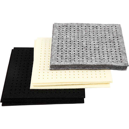 Craft Felt with Holes, size 20x20 cm, thickness 3 mm, black, grey, off-white, 3x4 sheet/ 1 pack
