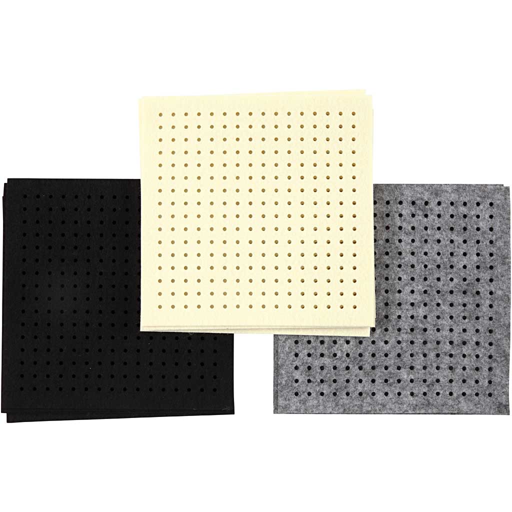 Craft Felt with Holes, size 20x20 cm, thickness 3 mm, black, grey, off-white, 3x4 sheet/ 1 pack