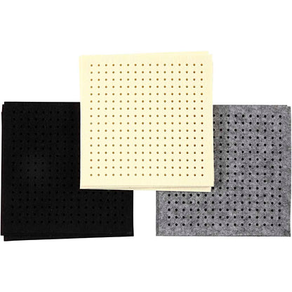 Craft Felt with Holes, size 20x20 cm, thickness 3 mm, black, grey, off-white, 3x4 sheet/ 1 pack