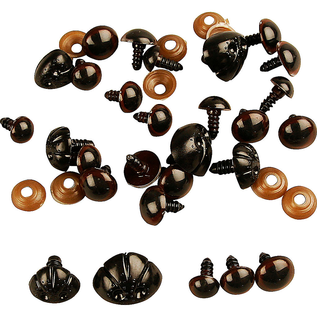 Teddy Bear Eyes & Noses, dia. 10+12,5+15 mm, size 15+25 mm, 12 asstd.-