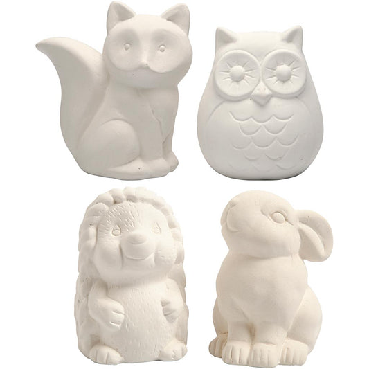 Animal Saving Banks, owl, fox, hedgehog, hare, H: 9-10 cm, white, 4 pc/ 1 pack