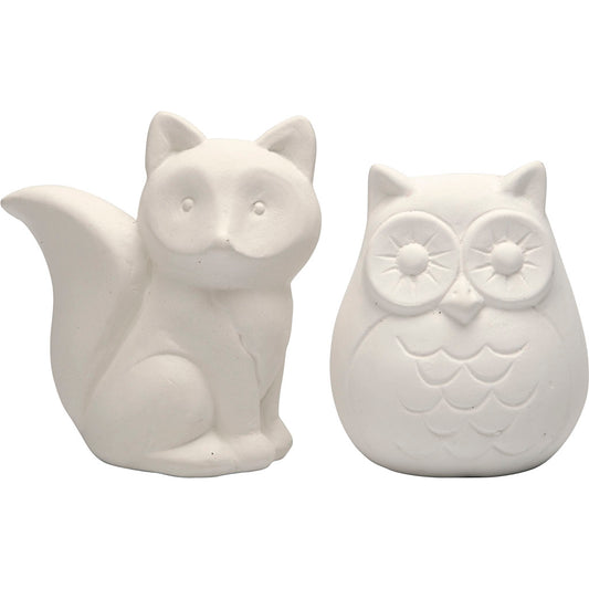 Animal Saving Banks, owl and fox, H: 9 cm, white, 2 pc/ 1 pack